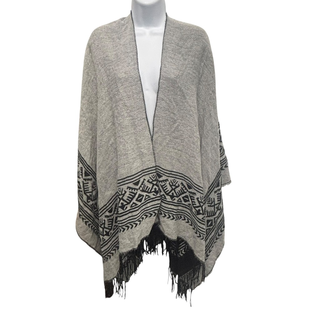 Reversible Open Front Poncho Wrap Grey Black Geometric Tribal Fringe Hem